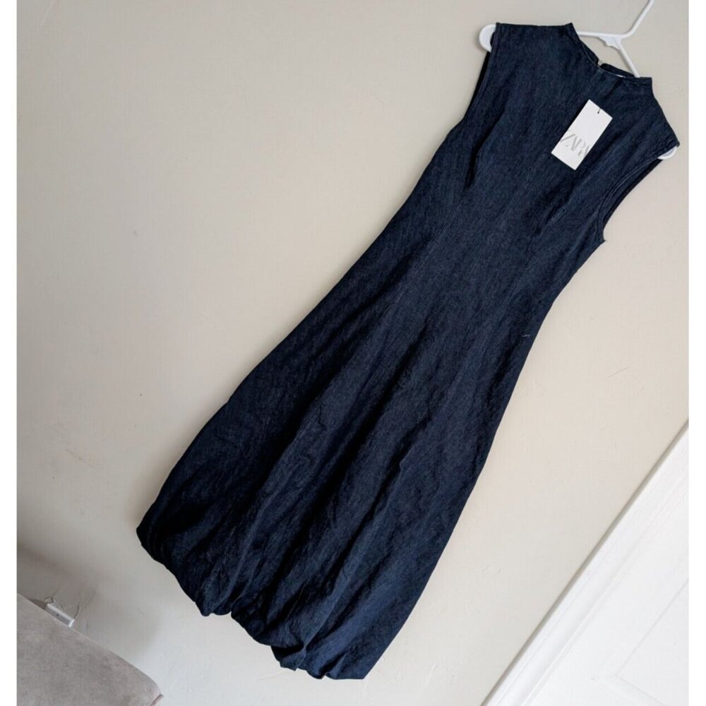 ZARA NEW WOMAN MIDI DENIM BALLOON DRESS DARK INDIGO BLUE S M 6929/288 - Picture 2 of 5
